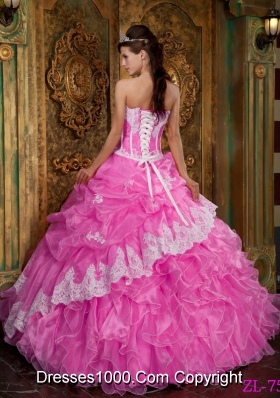 Rose Pink Princess Strapless Organza Sweet 15 Dresses with Ruffles