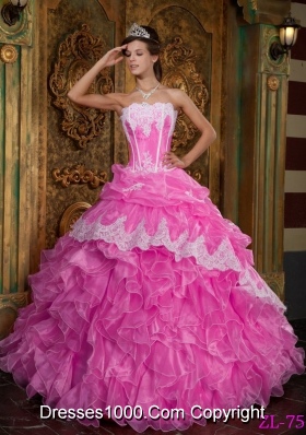 Rose Pink Princess Strapless Organza Sweet 15 Dresses with Ruffles