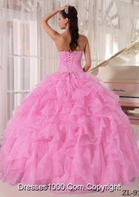 Rose Pink Strapless Organza Puffy Sweet Sixteen Dresses with Beading and Ruffles