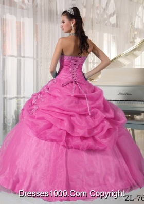 Rose Pink Strapless Organza Quinceanera Dress with Appliques and Pick-ups