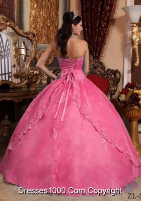 Rose Pink Strapless Organza Sweet 15 Dresses with Appliques