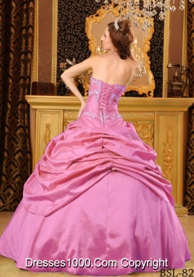 Rose Pink Strapless Taffeta Sweet Sixteen Dresses with Appliques