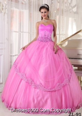 Rose Pink Sweetheart Puffy Sweet 16 Dresses with Appliques