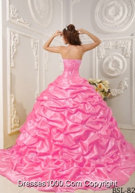 Strapless Court Train Rose Pink Quinceanera Gowns with Appliques and Pick-ups