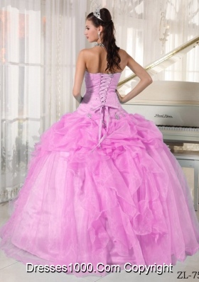 Strapless Organza Rose Pink Sweet Sixteen Dresses with Beading and Pick-ups