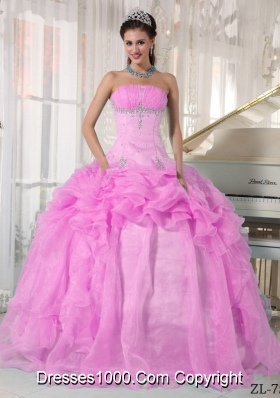 Strapless Organza Rose Pink Sweet Sixteen Dresses with Beading and Pick-ups