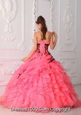 Sweet Puffy Strapless Appliques and Ruffles Coral Red for 2014 Quinceanera Dress