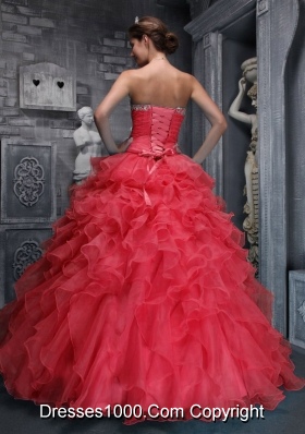 2014 Hot Sweetheart Beading and Appliques Red Quinceanera Dress with Ruffles