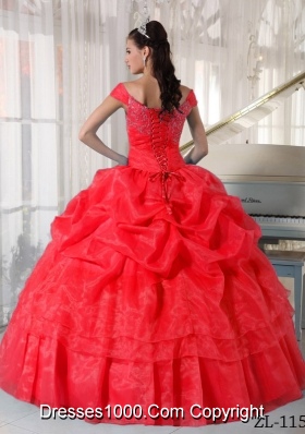 2014 Modest Red Puffy Off The Shoulder Quinceanera Dress with Beading