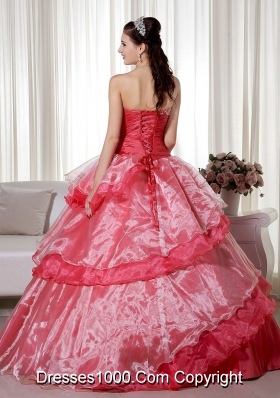 2014 Popular Red Puffy Sweetheart Beading and Hand Made Flower Quinceanera Dress