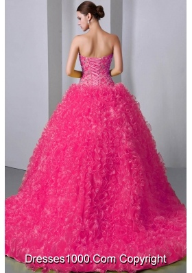 2014 Pretty Beading Quinceanea Dress in Hot Pink Princess withRuffles