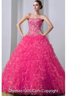 2014 Pretty Beading Quinceanea Dress in Hot Pink Princess withRuffles