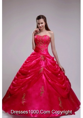 2014 Pretty Red Puffy Strapless Applqiues Quinceanera Dress with Pick-ups