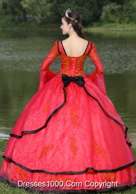 2014 The Most Popular Long Sleeves Appliques and Beading Red Quinceanera Dress With V-neck