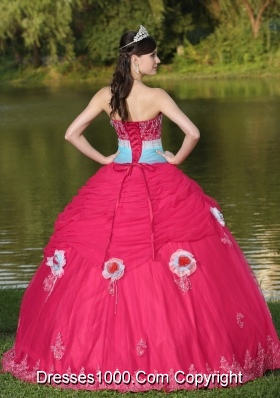 2014 Tulle Strapless Coral Red Quinceanera Dress with Hand Made Flowers