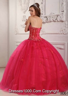 Elegant Puffy Strapless 2014 Beading Hot Pink Sweet 15 Dresses with Appliques