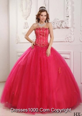 Elegant Puffy Strapless 2014 Beading Hot Pink Sweet 15 Dresses with Appliques