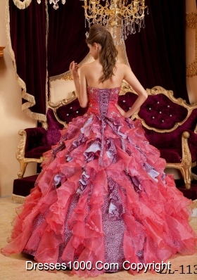 Elegant Puffy Watermelon Sweetheart Beading Leopard and Organza Quinceanera Dresses