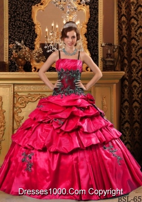 Exclusive Red Puffy Straps Pick-ups and Appliques Quinceanera Dress for 2014