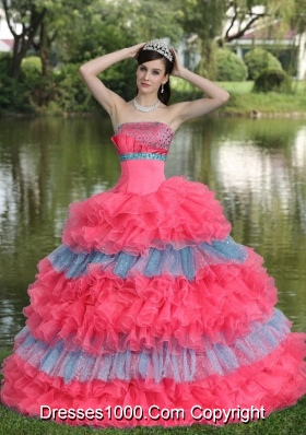 Multi-color Strapless Tiered Sweet Sequins for 2014 Quinceanera Dress with Ruffled Layers