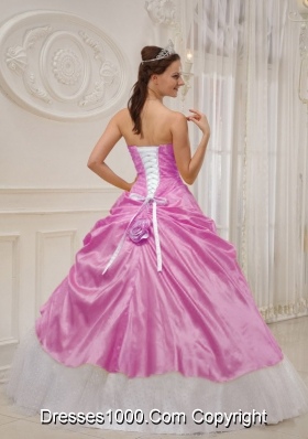 Pink and White Strapless Taffeta Quinceanera Dresses with Beading and Flowers