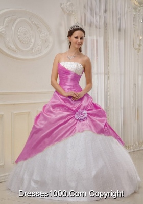 Pink and White Strapless Taffeta Quinceanera Dresses with Beading and Flowers
