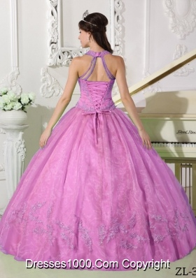 Popular Halter Organza Appliques Rose Pink Quinceanera Gowns with Appliques