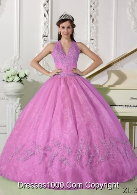 Popular Halter Organza Appliques Rose Pink Quinceanera Gowns with Appliques