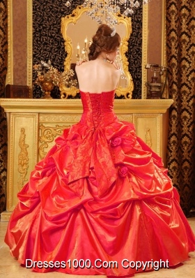 Popular Puffy Strapless Hand Made Flowers Red 2014 Quinceanera Dresses