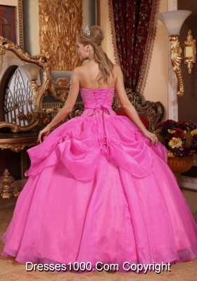 Puffy Sweetheart Organza Rose Pink Quinceanera Dresses with Appliques and Pick-ups