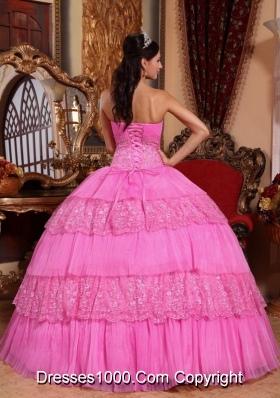 Rose Pink Ball Gown Strapless Organza Lace  Quinceanera Gown with Appliques