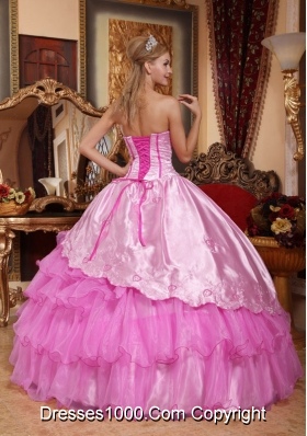 Rose Pink Ball Gown Sweetheart Oragnza Quinceanera Gowns with Embroidery and Layers