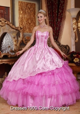 Rose Pink Ball Gown Sweetheart Oragnza Quinceanera Gowns with Embroidery and Layers