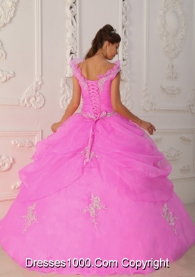 Rose Pink Ball Gown V-neck Organza Quinceanera Gown with Beading and Appliques