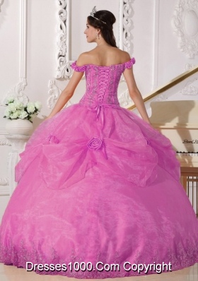 Rose Pink Off The Shoulder Organza Quinceanera Gowns with Appliques and Flowers