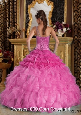 Rose Pink Princess One Shoulder Quinceanera Gowns with Appliques