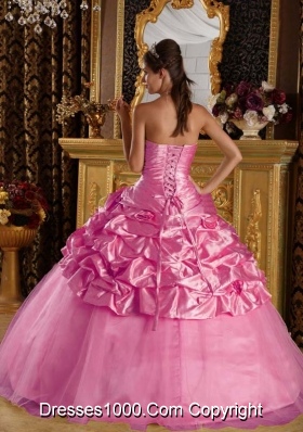 Rose Pink Princess Quinceanera Gowns with Beading and Pick-ups