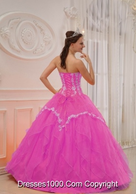 Rose Pink Princess Sweetheart Organza Quinceanera Gowns with Appliques