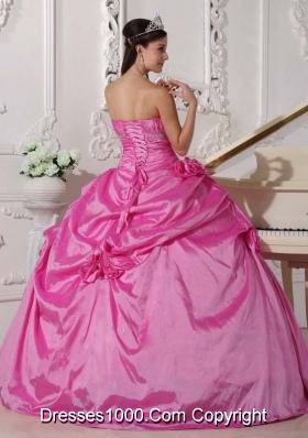 Rose Pink Puffy Sweetheart Sweet Sixteen Dresses with Flowers and Beading