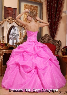 Rose Pink Strapless Organza Appliques and Pick-ups Dresses For a Quince