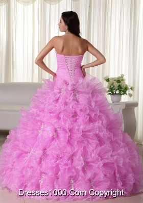 Rose Pink Strapless Organza Quinceanera Gowns with Ruffles and Appliques