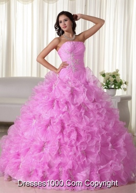 Rose Pink Strapless Organza Quinceanera Gowns with Ruffles and Appliques