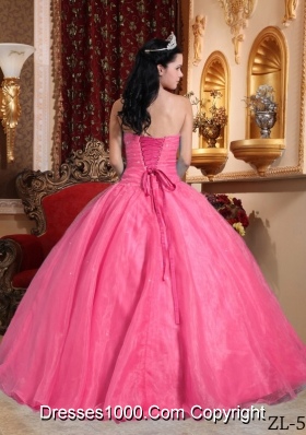 Rose Pink Strapless Organza Quinceneara Dresses with Appliques