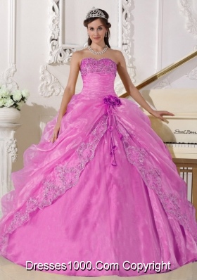 Rose Pink Strapless Organza Sweet Sixteen Dresses with Beading