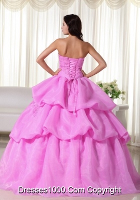 Rose Pink Strapless Sweet 16 Dresses with Flowers and Appliques