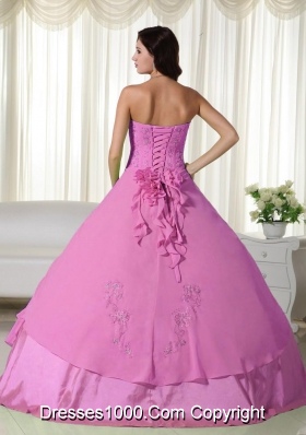 Rose Pink Sweetheart Chiffon Rose Pink Quinceanera Gowns with Flowers