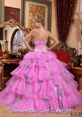 Rose Pink Sweetheart Organza Beading Quinceanera Dresses with Layers