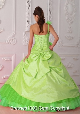 Spring Green One Shoulder Beading and Hand Made Flowers Quince Dresses