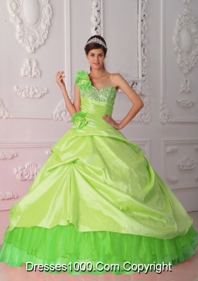 Spring Green One Shoulder Beading and Hand Made Flowers Quince Dresses