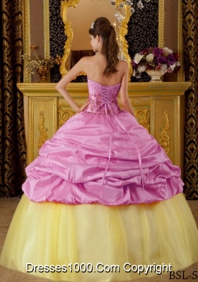 Strapless Beading and Flowers for Rose Pink and Yellow Quinceanera Dresses